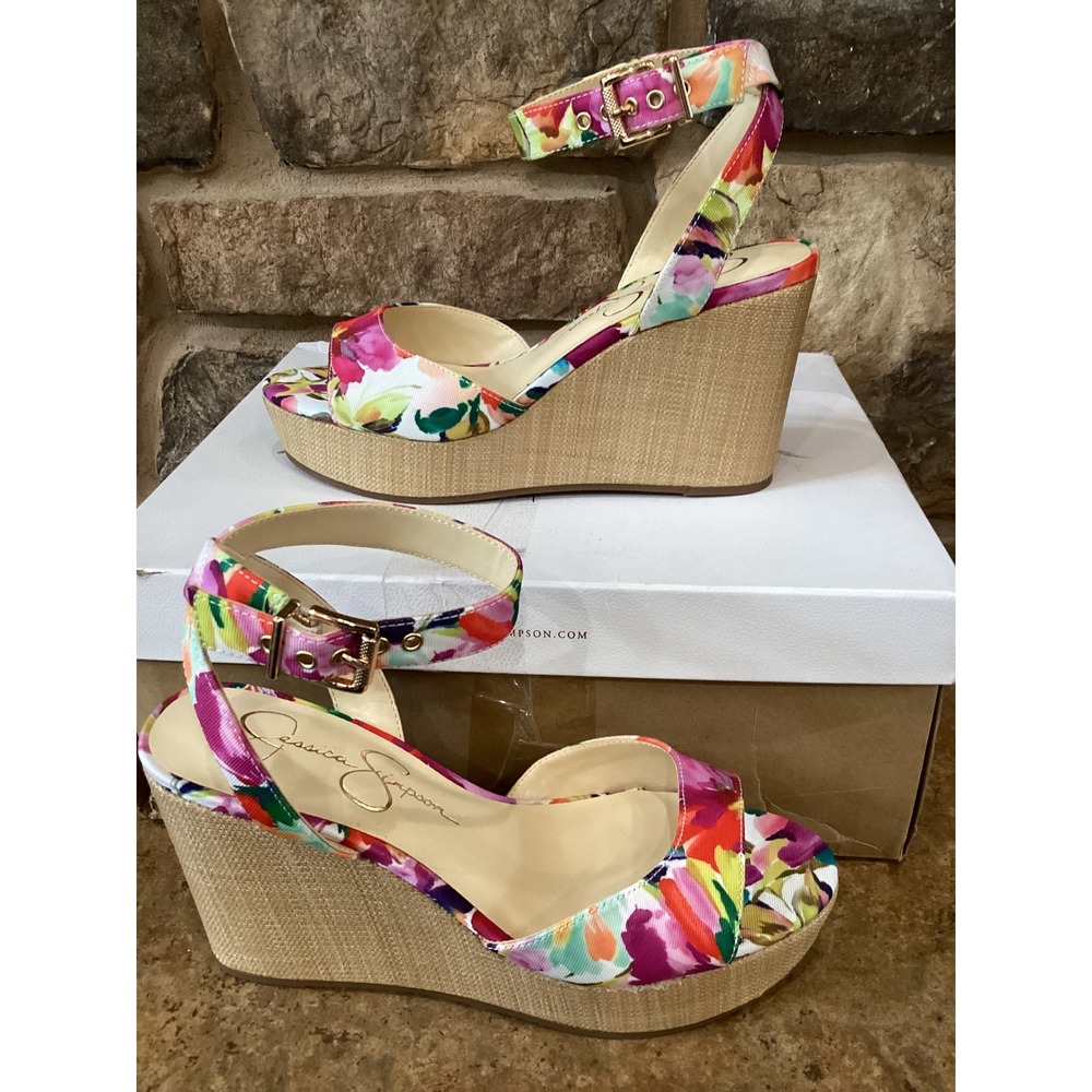 Jessica Simpson Mauvien Floral Wedge Sandals White Multi Womens 6M New